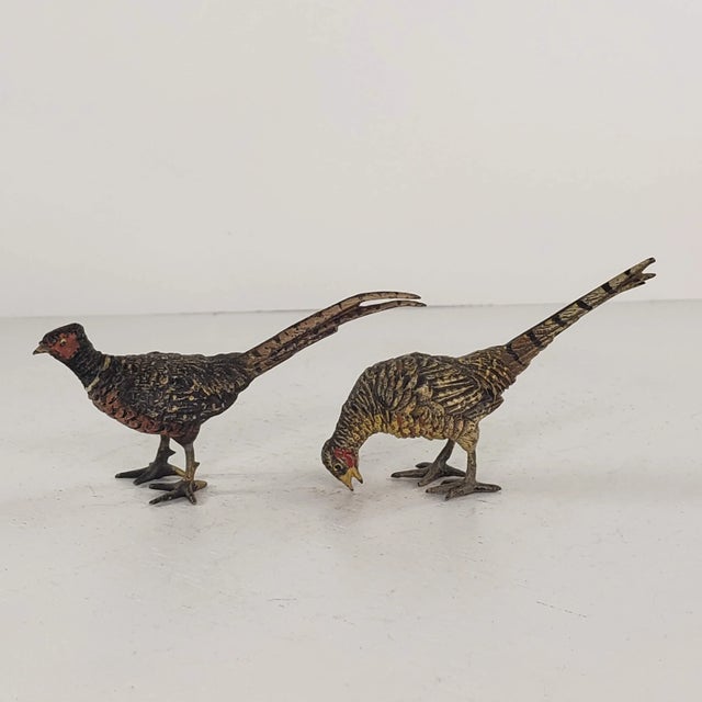 Vintage Mid 20th Century Austria Bronze Cold Painted Ring-Necked Pheasant Miniature Figurines - a Pair For Sale - Image 13 of 13