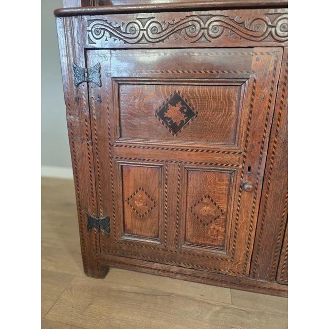 Antique Oak Inlaid Court Cupboard For Sale - Image 3 of 11