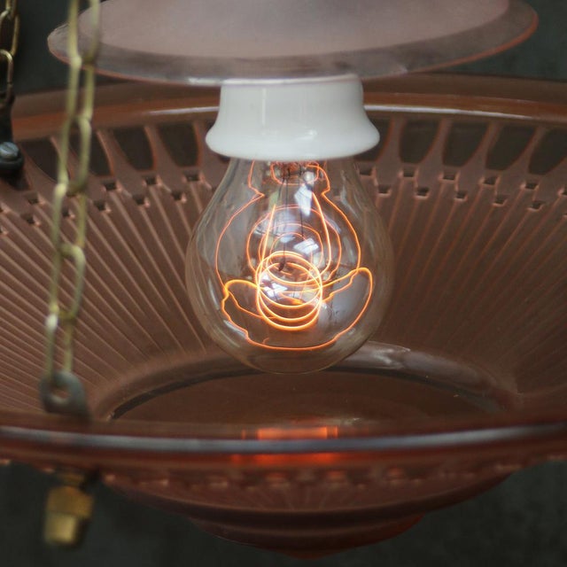 1920s Art Deco French Brass and Red Pink Glass Pendant Light, 1920s For Sale - Image 5 of 11
