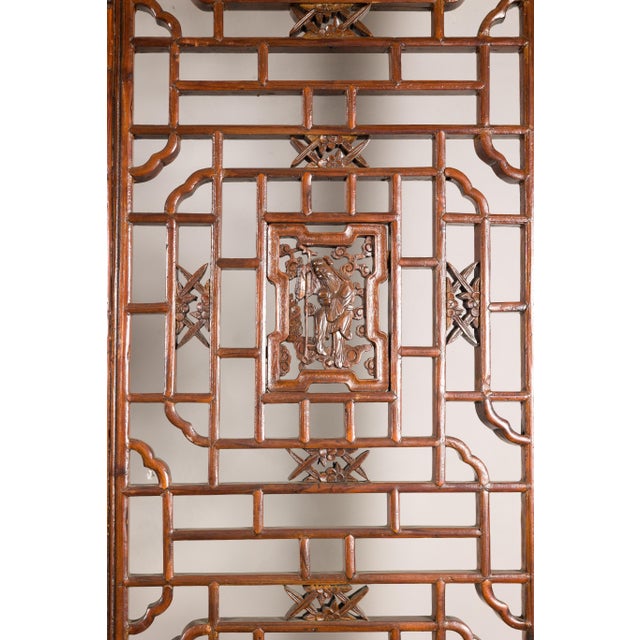 Brown Pair of Antique Chinese Carved Elm Lattice Screens with Figural Motifs For Sale - Image 8 of 18