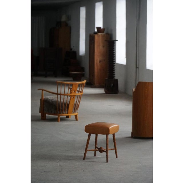 1930s Vintage Danish Turned Wood Stool with Leather Seat, 1930s For Sale - Image 5 of 13