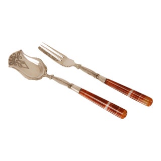 Victorian Flatware Silver Semi Precious Stone Agate Tableware Fork Spoon Ginger Cutlery Set- 2 Pieces For Sale