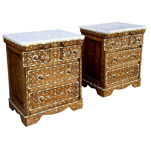 Moroccan Pair of Mid 20th Century Mother of Pearl Inlaid Nightstands With Marble Top For Sale - Image 3 of 6