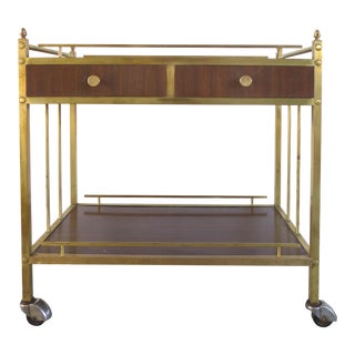 Bi-Level Brass Rolling Bar Trolley W/ Wood Accents For Sale