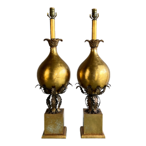 Pair of Large Early 20th Century Hollywood Regency Style Gold Glass and Metal Table Lamps