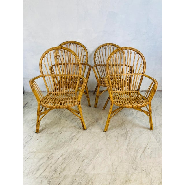 Wood In the Manner of Paul Frankl ,Vintage Rattan Dining Chairs, Set of Four For Sale - Image 7 of 7