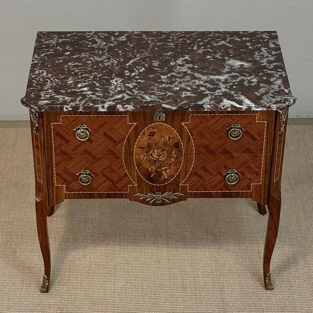Antique French Louis XVI Style Marquetry Marble Top Commode For Sale - Image 16 of 18
