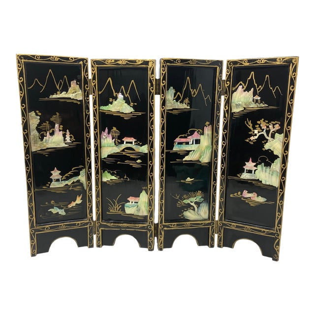 Small Table Top Vintage Black Hand-Painted, Lacquer and Mother of Pearl Chinoiserie Wood Screen For Sale