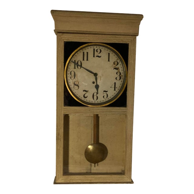 Antique American School Clock Glass Front Gilding on Glass Around Face For Sale