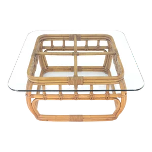 Ficks Reed Bamboo & Reed Square Glass Top Coffee Table Circa 1970s