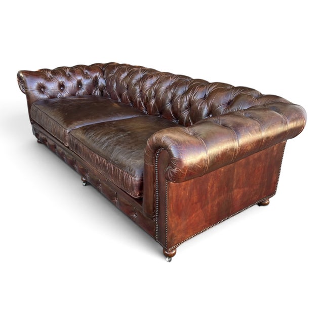 Restoration Hardware Chesterfield Cognac Leather Sofa With Brass Nailhead & Casters For Sale - Image 9 of 16