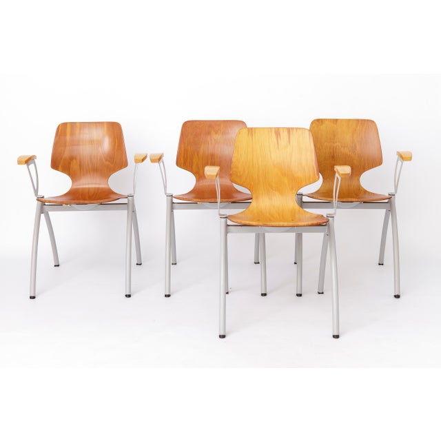 Vintage Industrial Stackable Dining Chairs with Beech Wood Armrests from Pagholz, Germany, 1970s, Set of 4 For Sale - Image 11 of 11