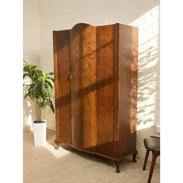 Wood Early 20th Century Art Deco Oak Armoire With Curved Center Door For Sale - Image 7 of 11