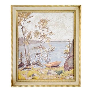 Folmer Bonnén Swedish Lakeside Landscape With Rowboat, Oil on Panel For Sale