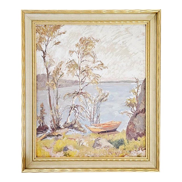 Folmer Bonnén Swedish Lakeside Landscape With Rowboat, Oil on Panel For Sale