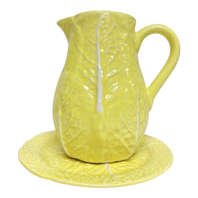 Vintage Secla Portugal Yellow Cabbage Pitcher With Plate For Sale