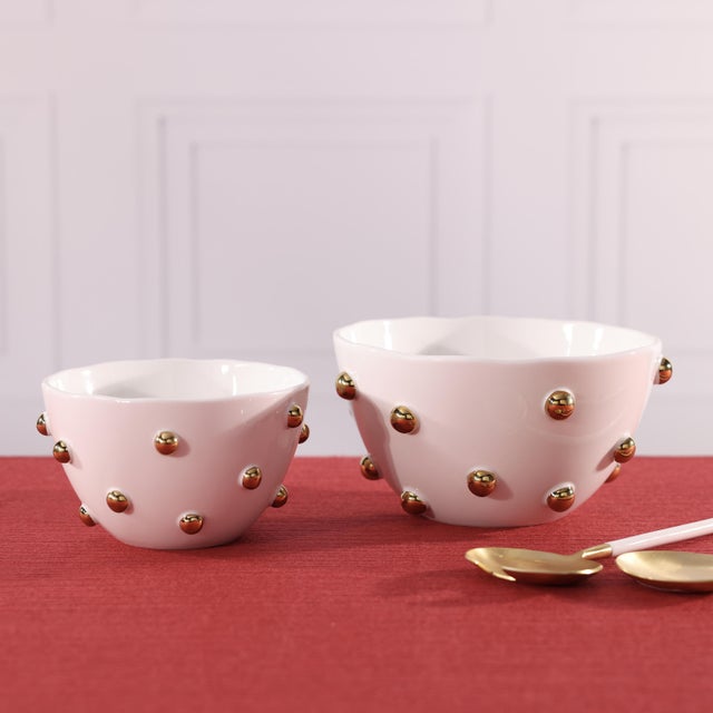 Transitional Celestial White Porcelain Bowl with Gold Beaded Accents, Large For Sale - Image 3 of 4