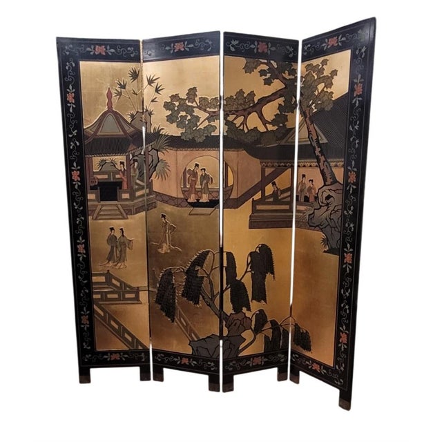 Vintage Chinese Sculpted Four Part Folding Screen For Sale - Image 18 of 18