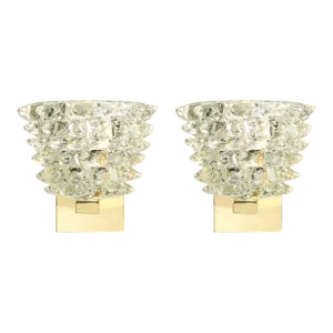 Pair of Contemporary Modernist Transparent Murano Glass & Brass Sconces With Rostrato Detailing