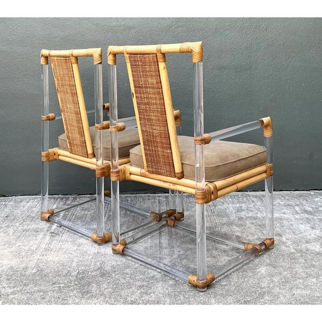 Late 20th Century Vintage Four Seasons Lucite and Rattan Armchairs - Pair For Sale - Image 5 of 12