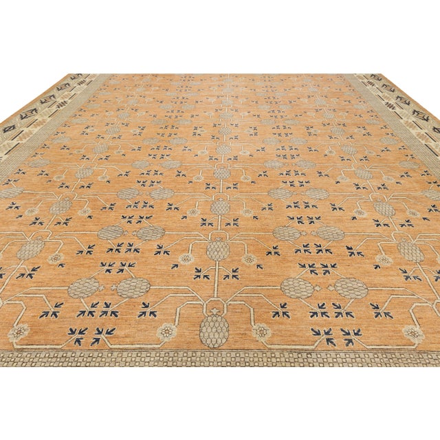15 X 19 Modern Khotan Style Handmade Wool Rug in Orange With Geometric Pattern For Sale - Image 9 of 10