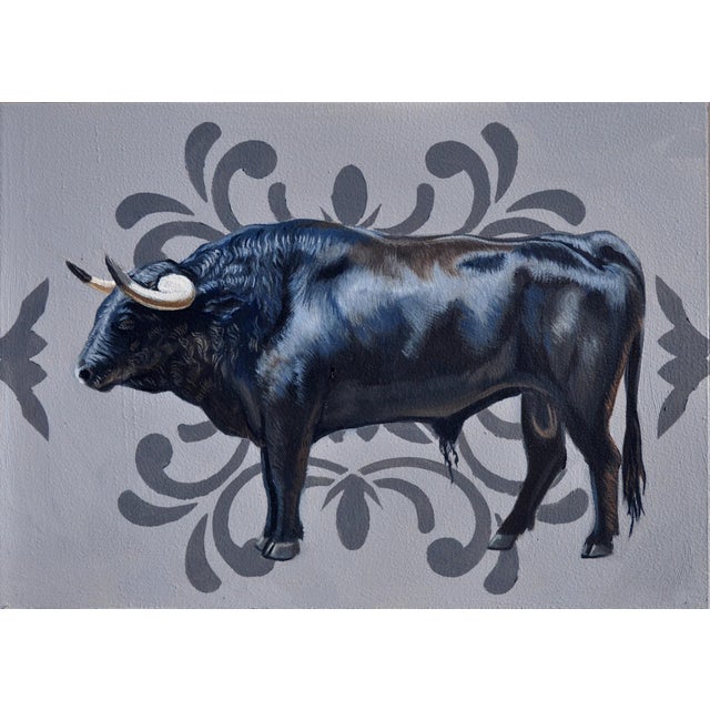 Profile of a Bull by Robin Hextrum | Oil on Artefex Smooth Oleopanel Black bull standing against a gray background. For Sale