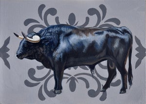 Profile of a Bull by Robin Hextrum | Oil on Artefex Smooth Oleopanel Black bull standing against a gray background.