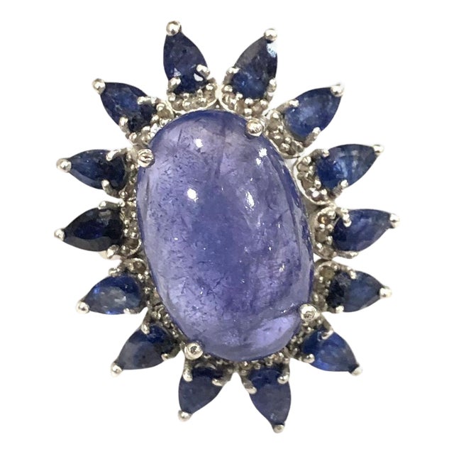 Bochic "Capri" Natural Tanzanite & Diamonds Vintage Retro Ring Set In 18K & Silver For Sale
