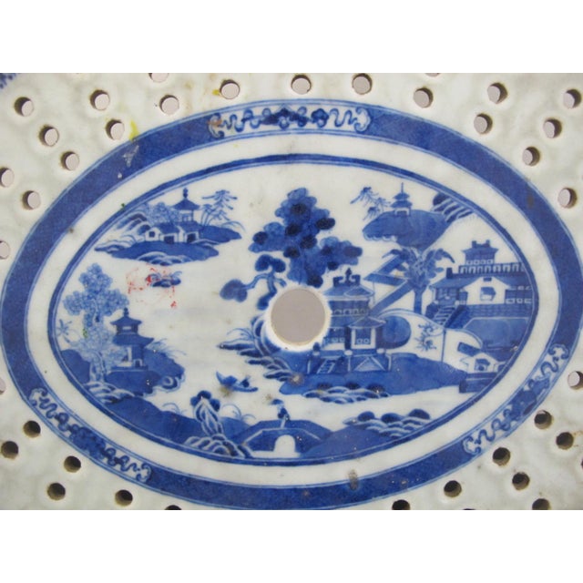 Antique Chinese export Nanking porcelain meat or vegetable strainer. Blue and white porcelain showing a village scene...