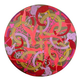 Vintage Large Round Psychedelic Bird and Snake Painting For Sale