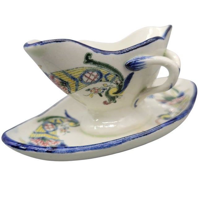 19th Century Faience de Gien Tiny Sauce Boat and Underplate with Additional Oval Dish. Each Dainty Piece Features Hand...