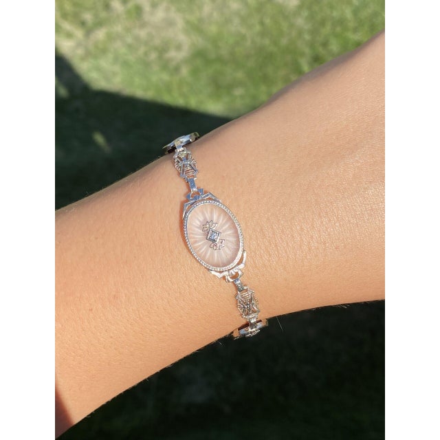 Silver The 48th Street: Antique Art Deco Camphor Glass Bracelet set with Diamonds and Onyx For Sale - Image 8 of 10