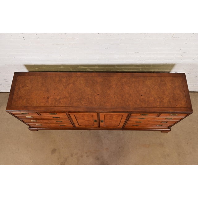 Century Furniture Mid-Century Hollywood Regency Campaign Burl Wood Triple Dresser or Credenza, Circa 1970s For Sale - Image 10 of 13