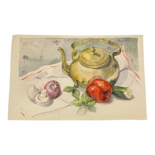 1980’s Original Still Life Watercolor Painting Tea Pot & Veggies For Sale