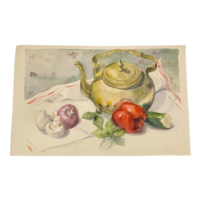 1980’s Original Still Life Watercolor Painting Tea Pot & Veggies For Sale