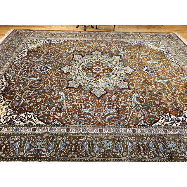 Vintage Persian Tabriz Rug, Hand-Knotted Wool, Mythical Firebird Motif, Brown & Ivory, 10x13 For Sale - Image 4 of 15