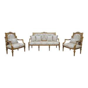 Late 18th Century Louis XV Light Beige Damask Silk, Hand-Carved Wood, Sofa, Pair of Armchairs, Living Room Set, 3 Piece Set