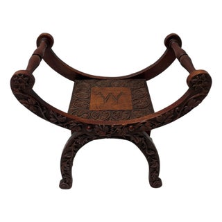 Art Nouveau Walnut Savonarola Hand-Carved Stool, 1900s For Sale