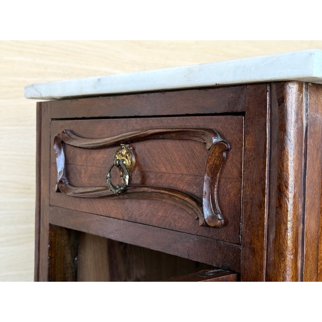 Wood Antique French Mahogany Nightstands with Marble Tops, 1900s, Set of 2 For Sale - Image 7 of 12