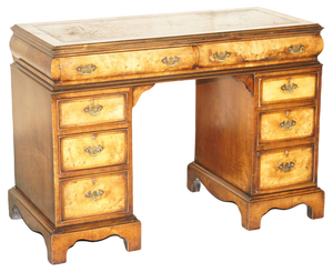 Victorian Partner Desk in Burr Walnut with Cushion Drawer & Brown Leather Top, 1900s