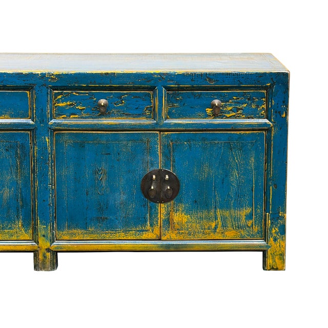 Distressed Bright Blue Oriental Sideboard Credenza Console Table Cabinet For Sale - Image 10 of 18