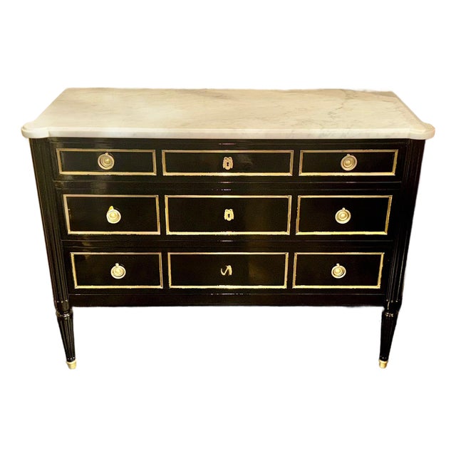 Vintage French Louis XVI Jansen Style Black Lacquered Chest For Sale
