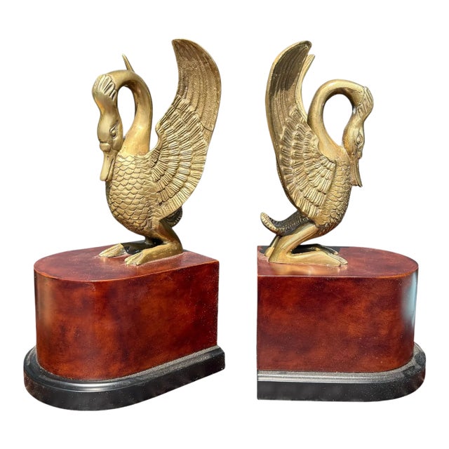 20th-C. Italian Neo-Classical Style Brass Swan and Faux Burl Bookends Att. Borghese - Pair For Sale