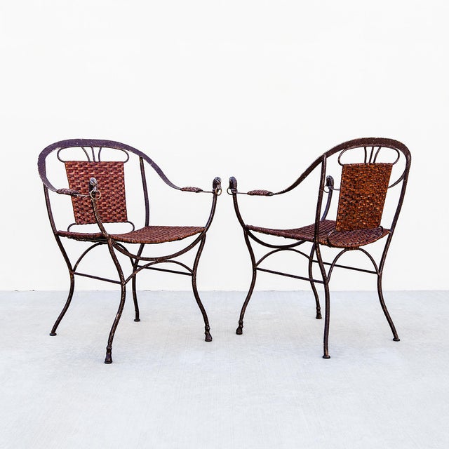 Charcoal Vintage Iron and Leather Strap Horseshoe Back Curule Accent Chairs For Sale - Image 8 of 15