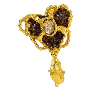 Christian Lacroix Gilded and Jeweled Brutalist Heart Brooch For Sale