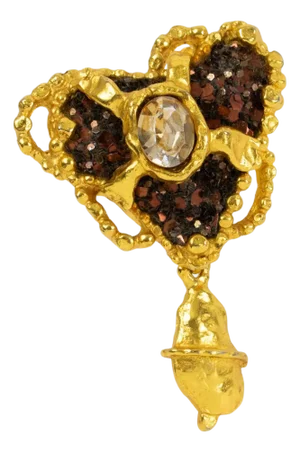 Christian Lacroix Gilded and Jeweled Brutalist Heart Brooch