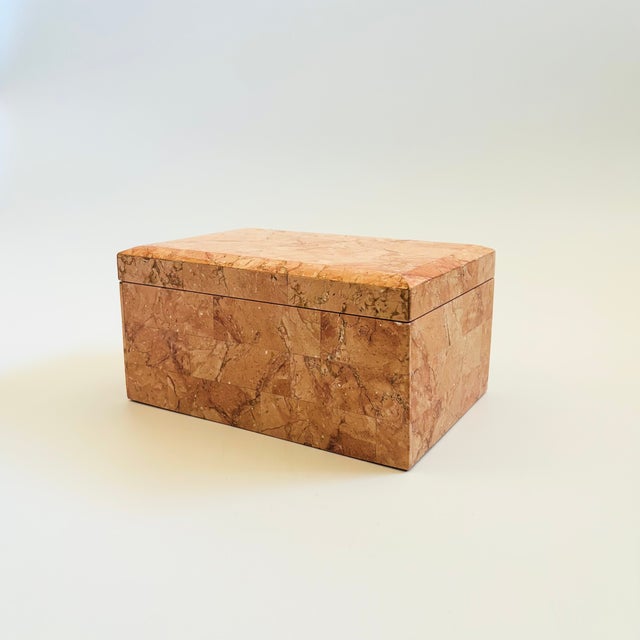 A vintage tessellated stone box. Nice medium size for storing a variety of items. Pink tone to the stone with a wood...