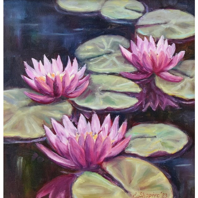Pink & Lavender Water Lilies Oil Painting Displayed in an Antiqued Gold Wood Frame For Sale - Image 4 of 9