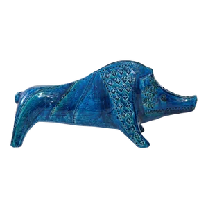 Ceramic Boar by Aldo Londi for Bitossi in 'Rimini Blue' With Incised Decoration Italy. Circa 1960