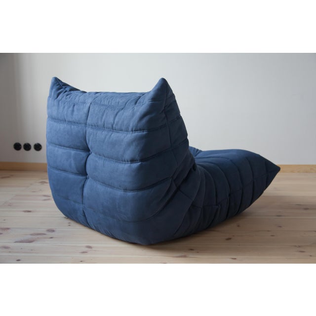 Ligne Roset Blue Microfiber Togo Lounge Chair with Pouf and Three-Seat Sofa by Michel Ducaroy for Ligne Roset, 1970, Set of 3 For Sale - Image 4 of 12